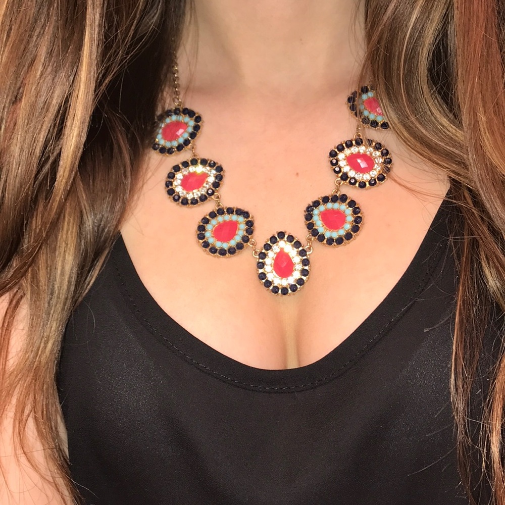 Blue and magenta tear drop statement necklace